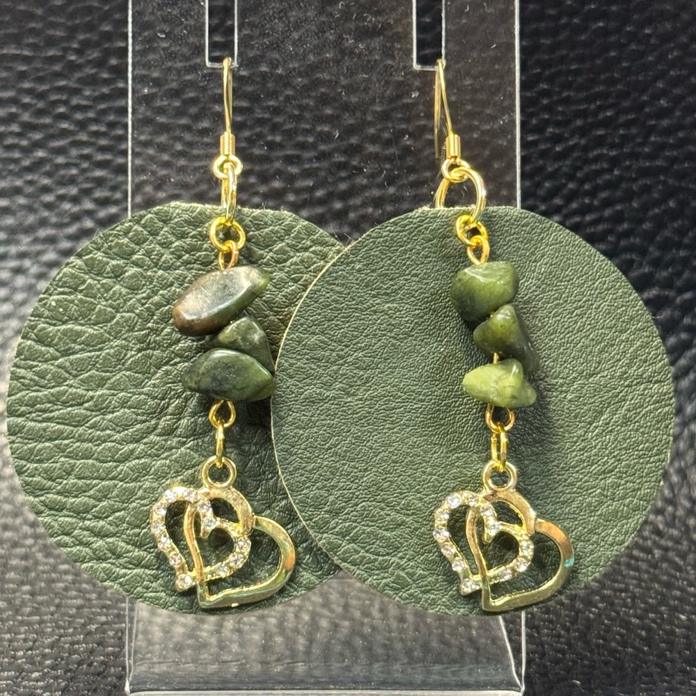 Handmade dark green faux leather earrings with golden hearts